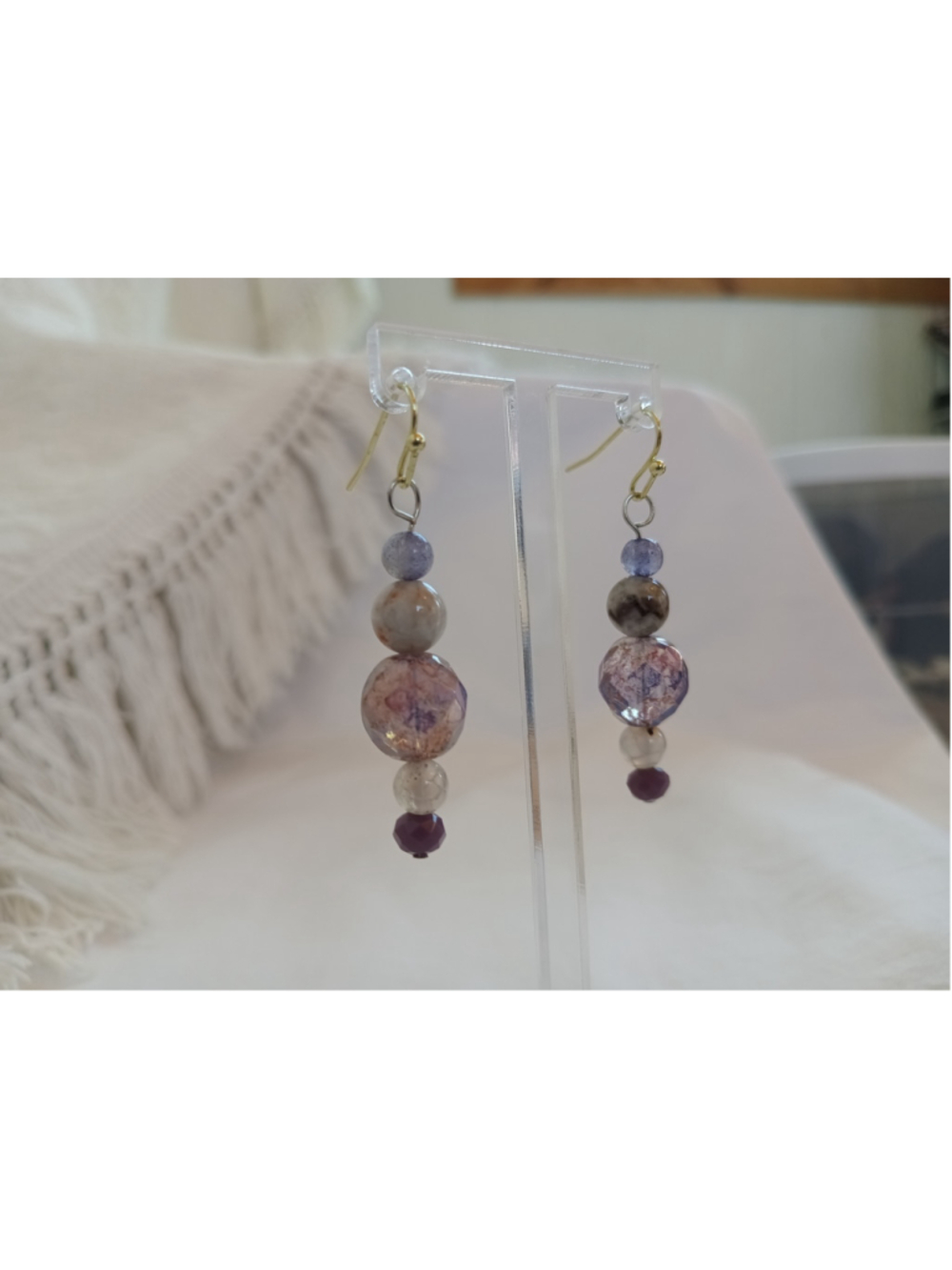 Hand Crafted purple crystal Beaded Dangle Earrings colorful sparkly boho drop - Picture 2 of 5